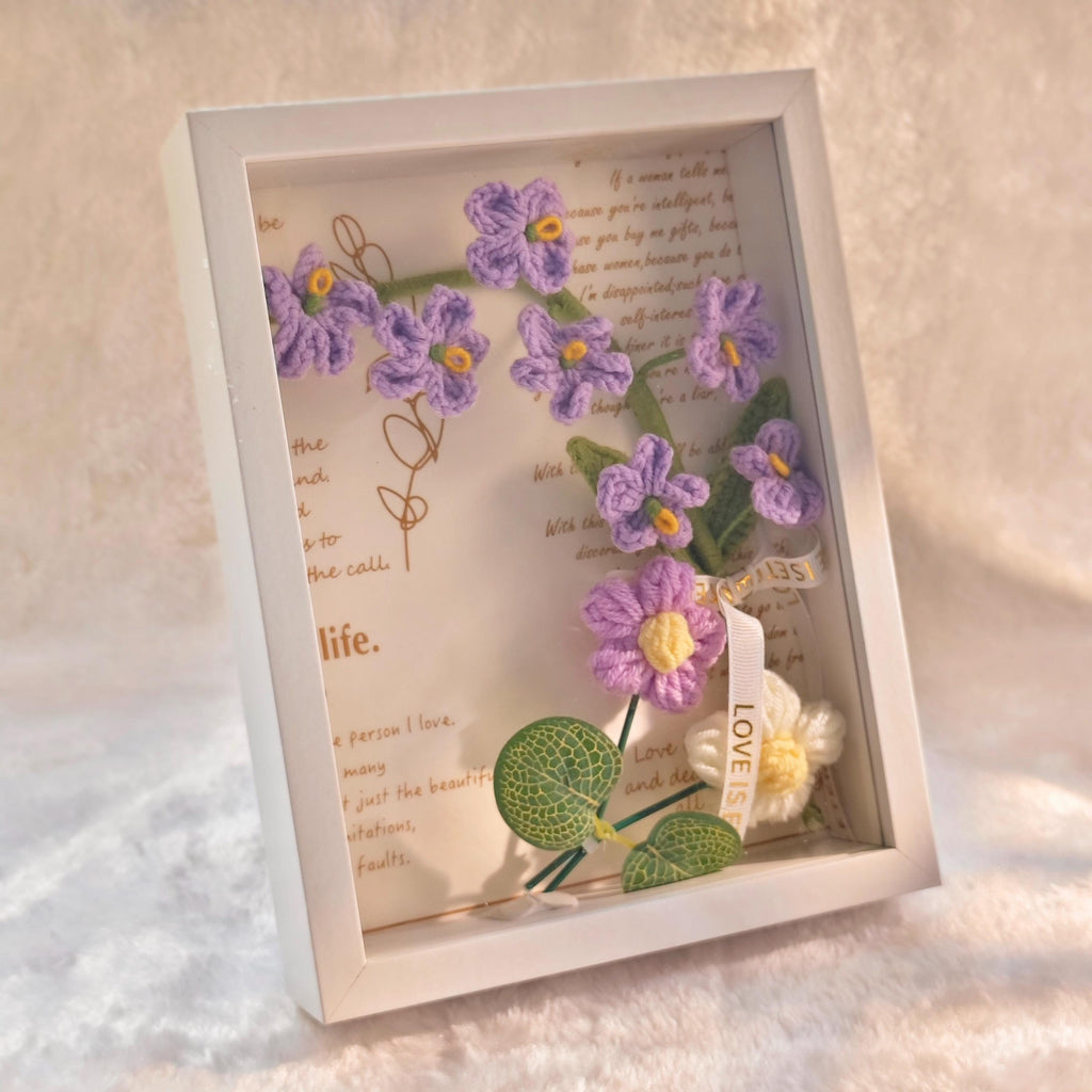 Handmade Crochet Forget Me Not Shadow Box Framed Floral Fiber Art Decoration