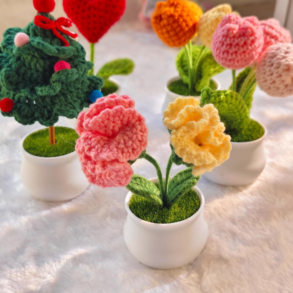 Handmade Crochet Potted Flowers, Tulips, Carnation, Heart, Christmas Tree Home Decor
