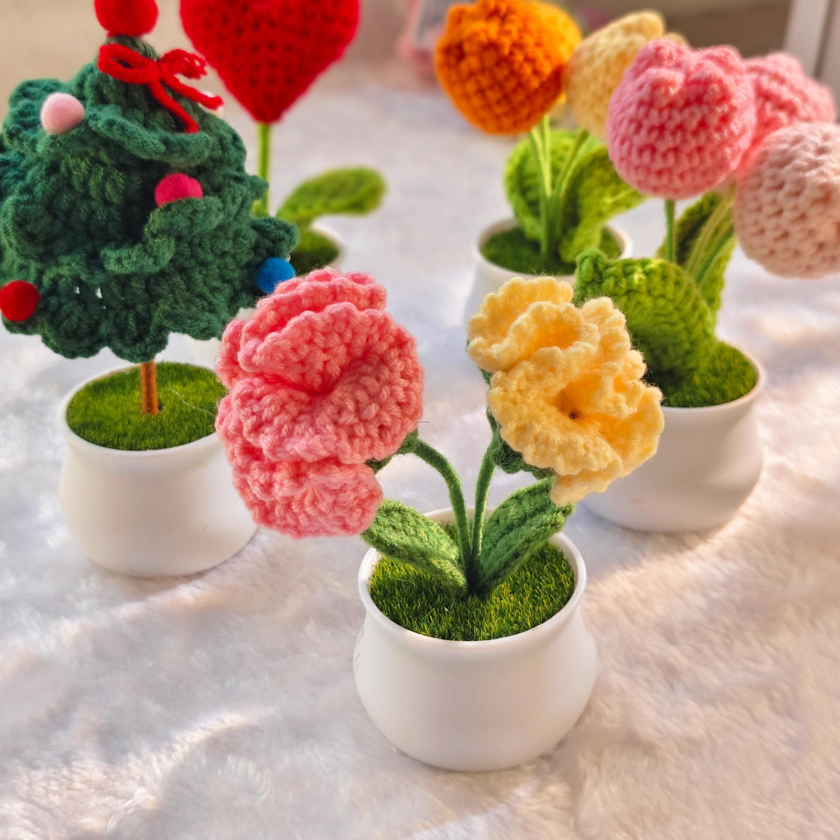 Handmade Crochet Potted Flowers, Tulips, Carnation, Heart, Christmas Tree Home Decor