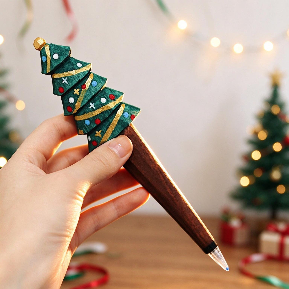 Hand Carved Wooden Christmas Pen Cute Santa Snowman Stationery Gift
