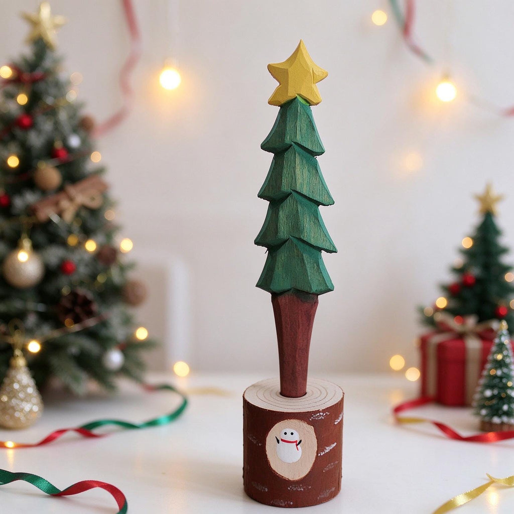 Hand Carved Wooden Christmas Pen Cute Santa Snowman Stationery Gift