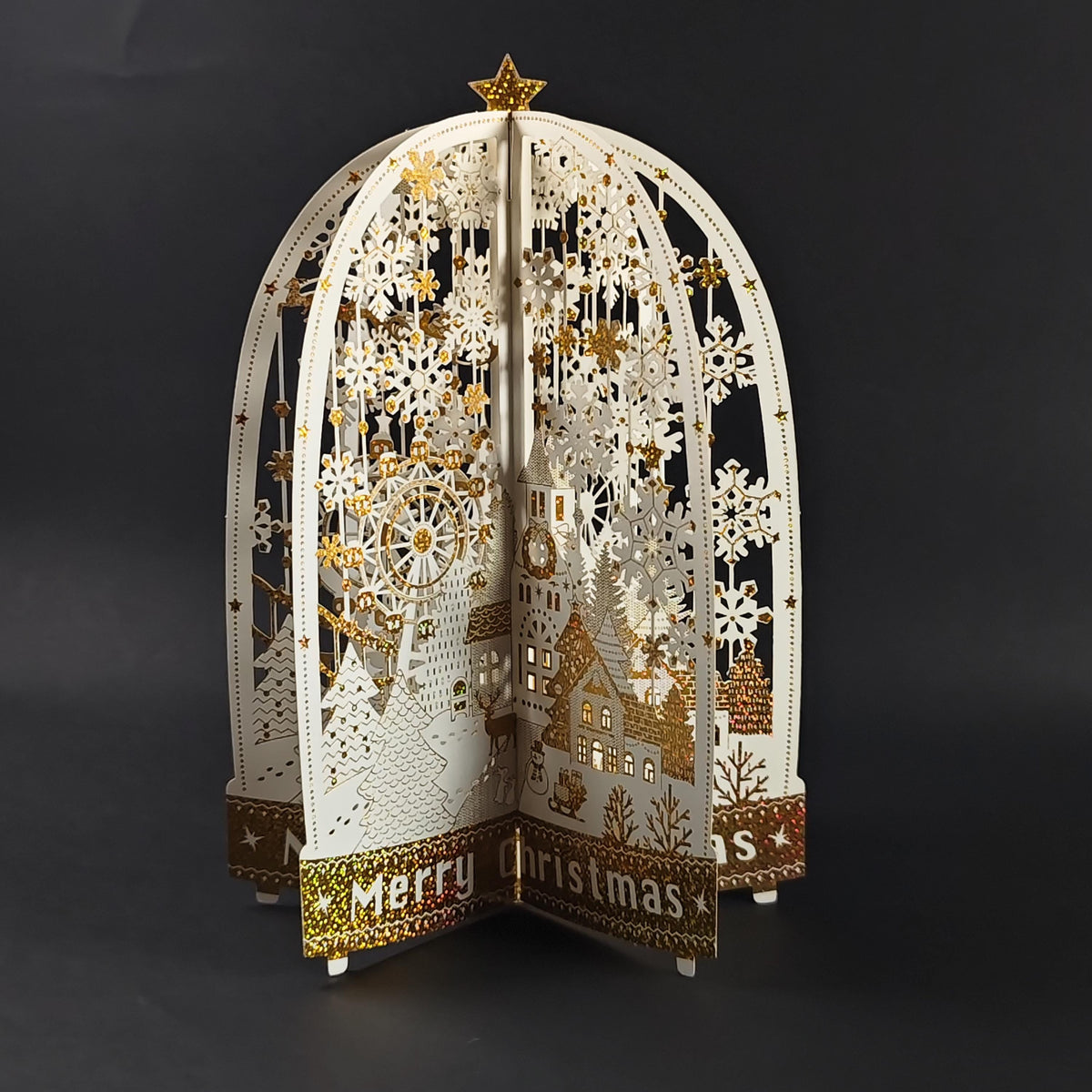 3D Christmas Village Pop Up Card, Gold Foil Snowflake Winter Wonderland Keepsake