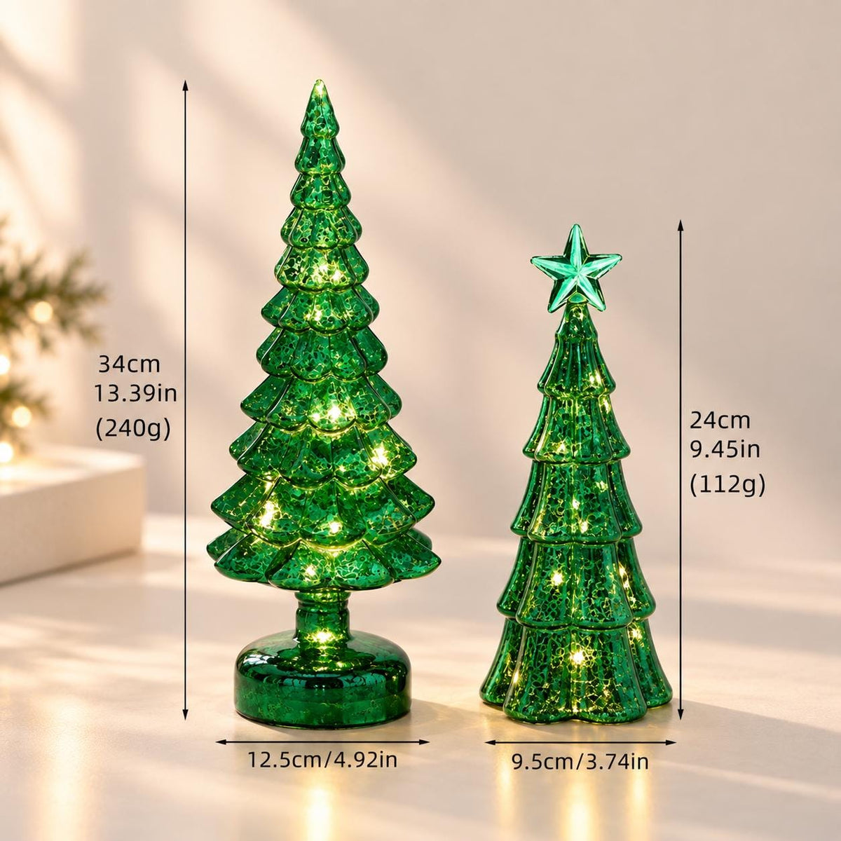 Light Up Glass Christmas Trees, LED Tabletop Christmas Decorations, Gold Red Green
