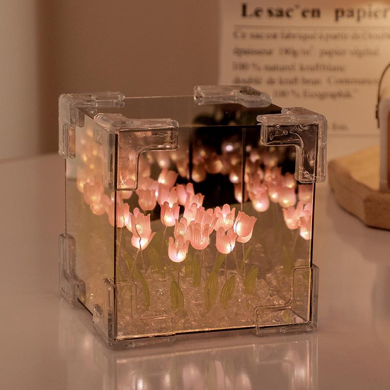 Handmade Tulip Flower Cube Night Light DIY Floral Desktop Table Home Decor Ornament