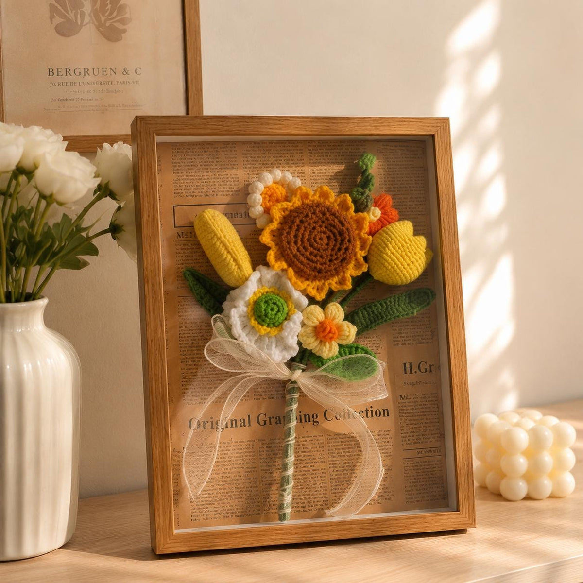 Handmade Crochet Sunflower Shadow Box Frame Rustic Botanical Wall Decor