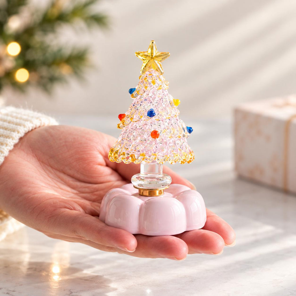 Handmade Rotating Glass Christmas Tree Gift for Holiday Desktop Tabletop Ornament