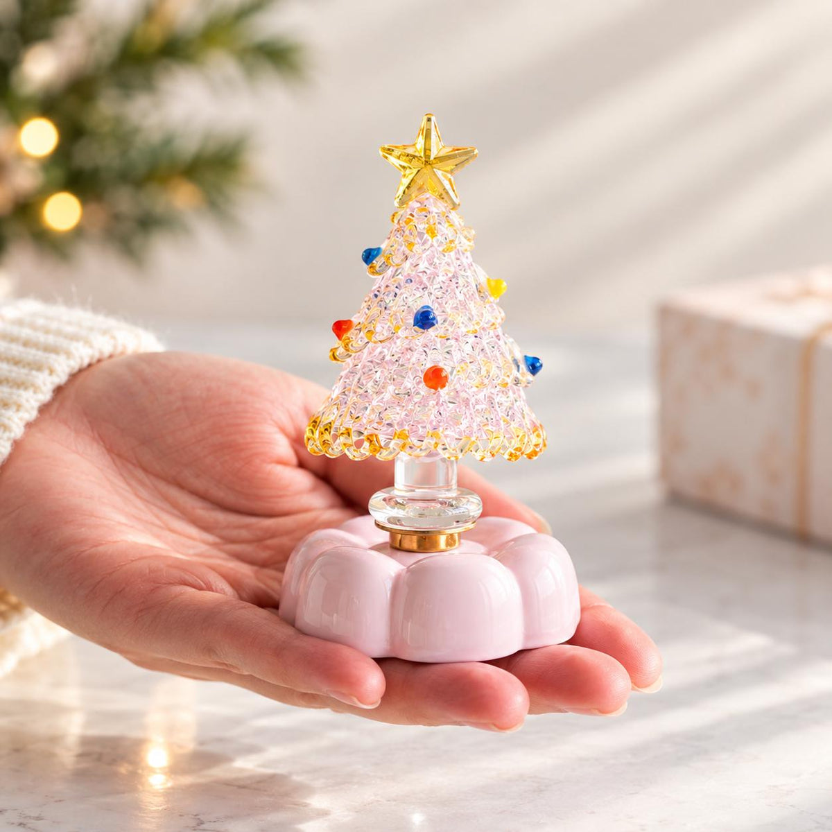 Handmade Rotating Glass Christmas Tree Gift for Holiday Desktop Tabletop Ornament