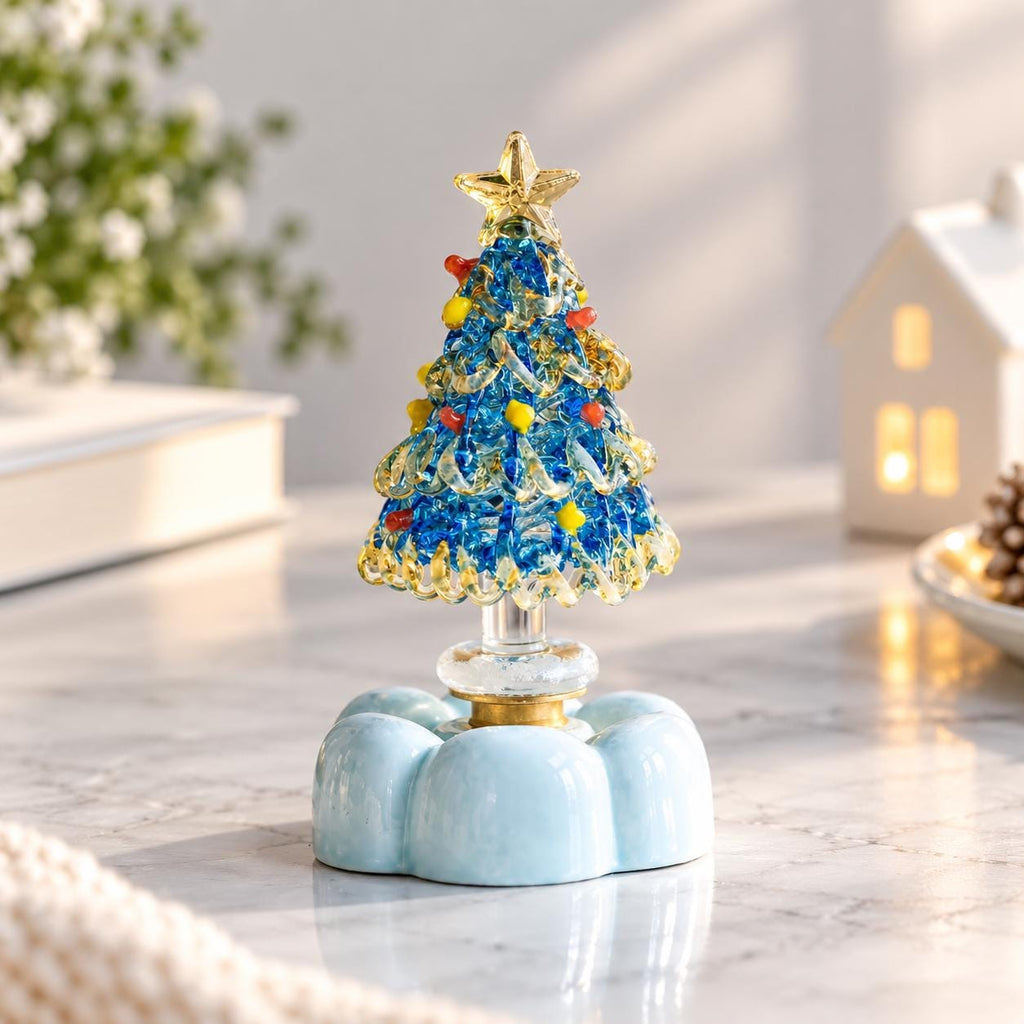 Handmade Rotating Glass Christmas Tree Gift for Holiday Desktop Tabletop Ornament