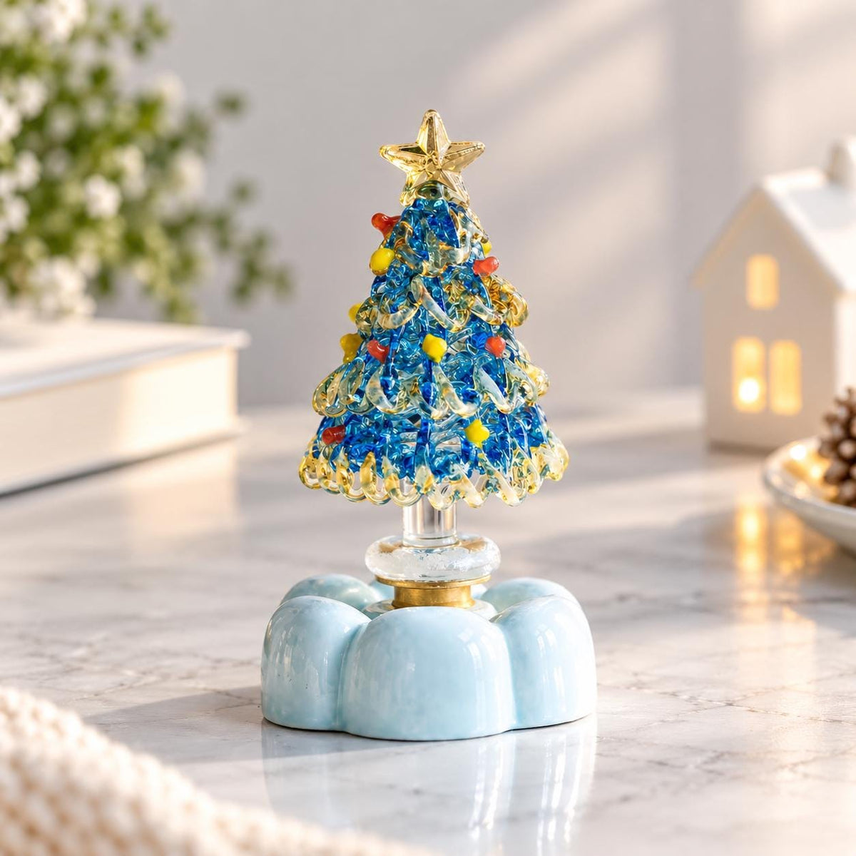 Handmade Rotating Glass Christmas Tree Gift for Holiday Desktop Tabletop Ornament