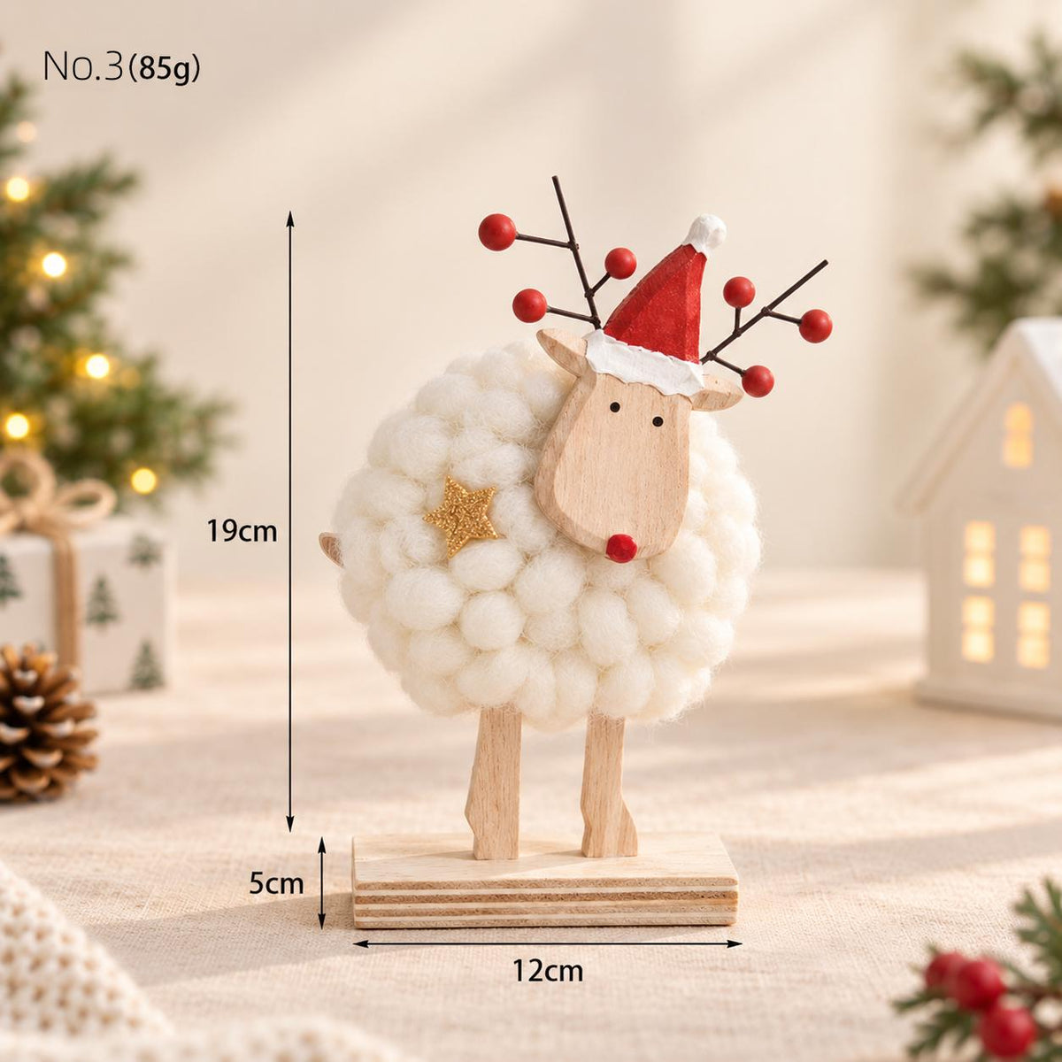 Nordic Christmas Wooden Wool Felt Figurine Reindeer Tree Desktop Home Table Ornament Decor