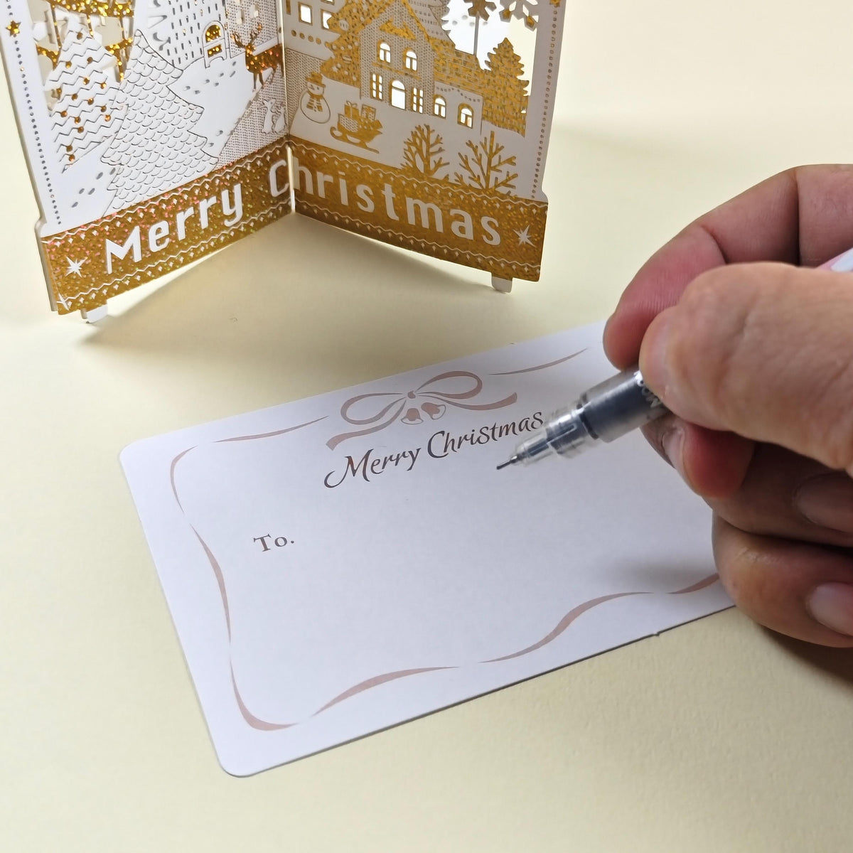 3D Christmas Village Pop Up Card, Gold Foil Snowflake Winter Wonderland Keepsake