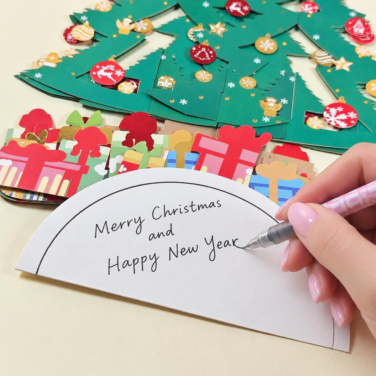 3D Standing Christmas Tree Card with Fold Out Message, Festive Paper Decoration