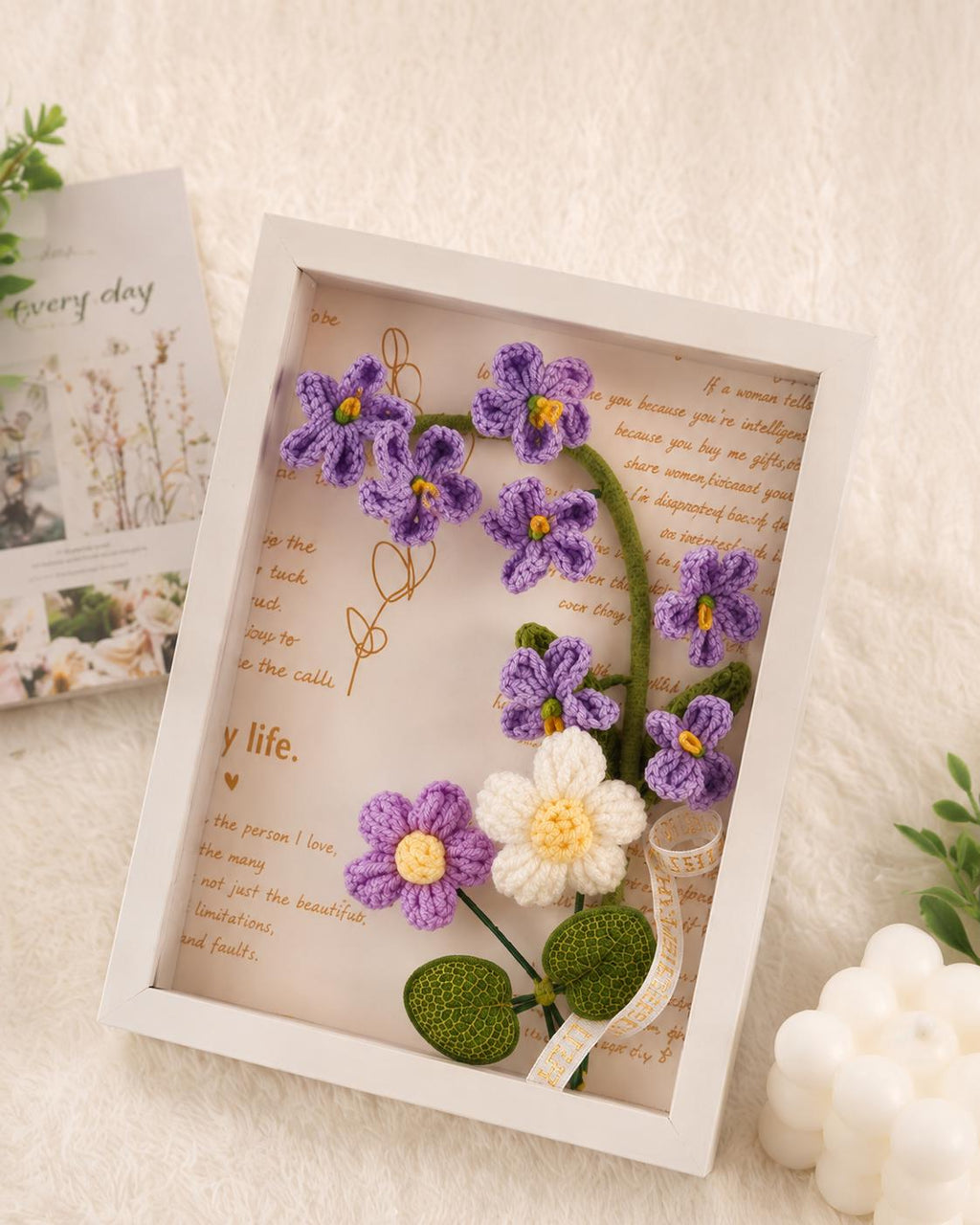 Handmade Crochet Forget Me Not Shadow Box Framed Floral Fiber Art Decoration