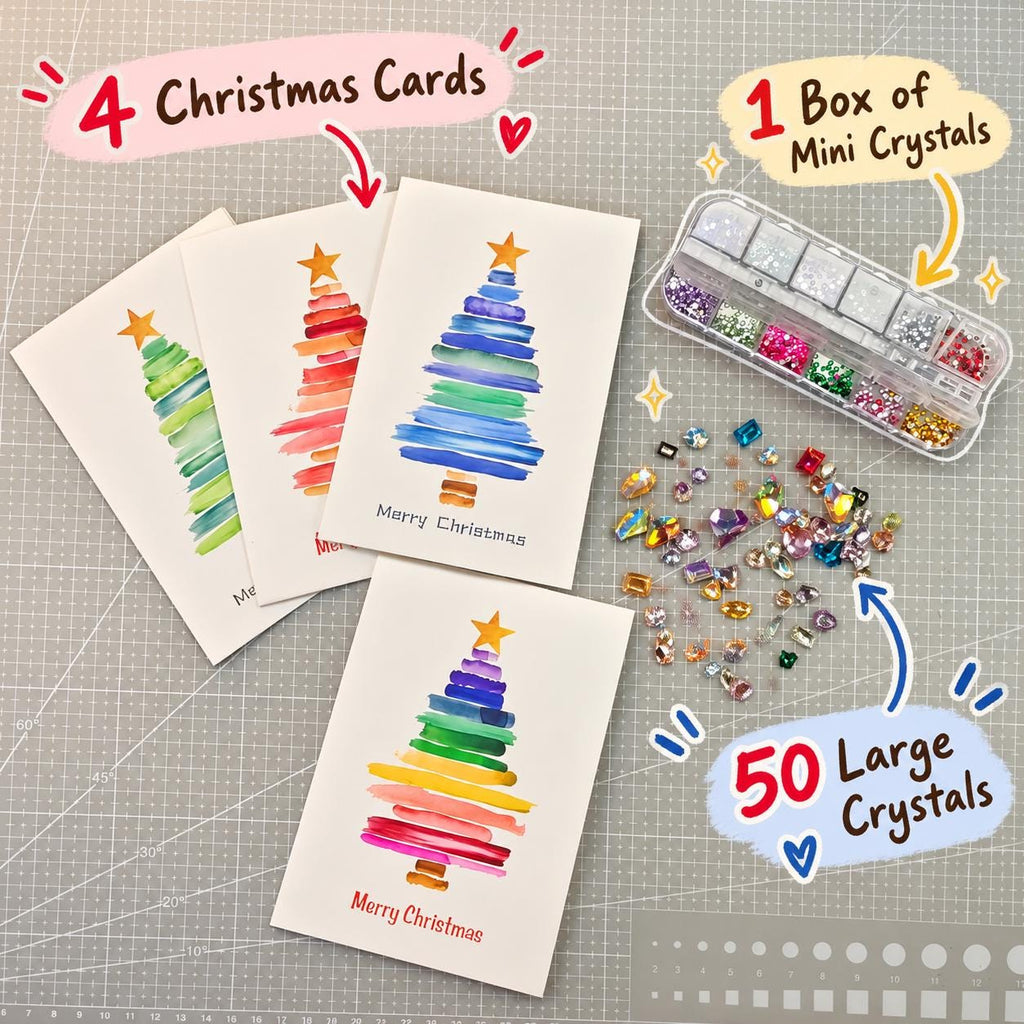 DIY Christmas Card Kit, Rhinestone Craft, Watercolour Tree, Handmade Festive Activity, Creative Gift Set