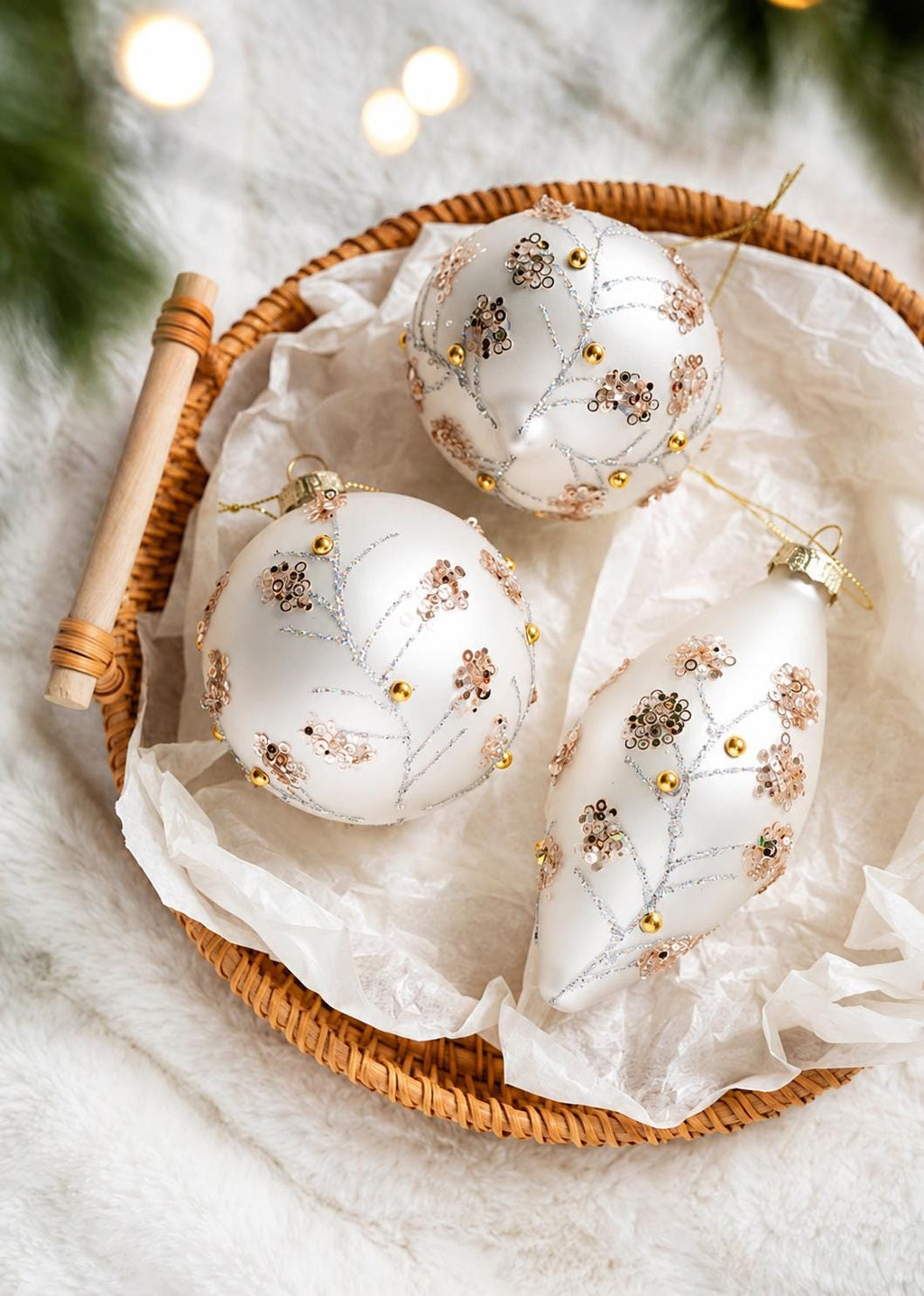 White Glass Christmas Ornaments Set of 3, Glitter Botanical Baubles, Elegant Tree Decorations