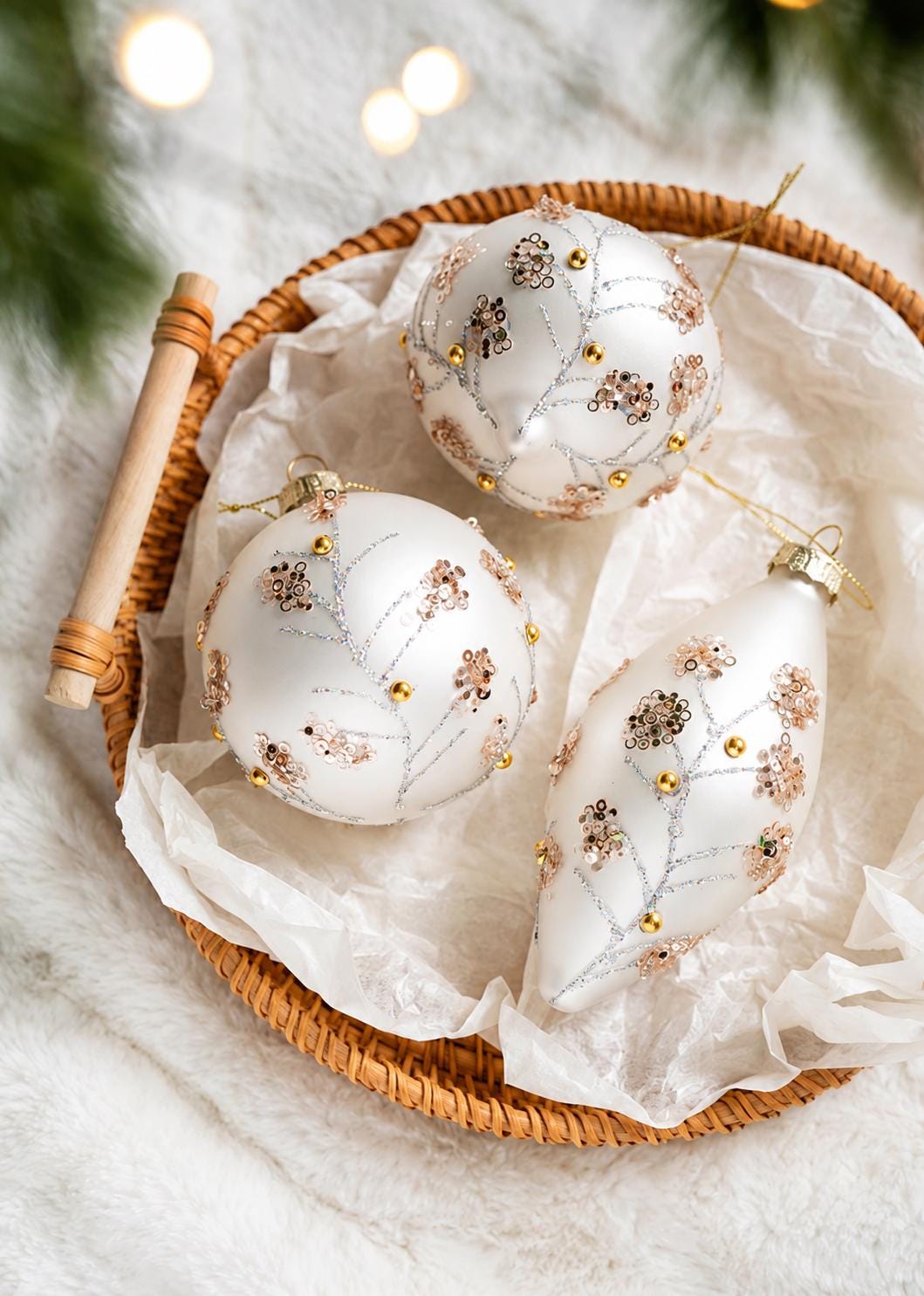 White Glass Christmas Ornaments Set of 3, Glitter Botanical Baubles, Elegant Tree Decorations