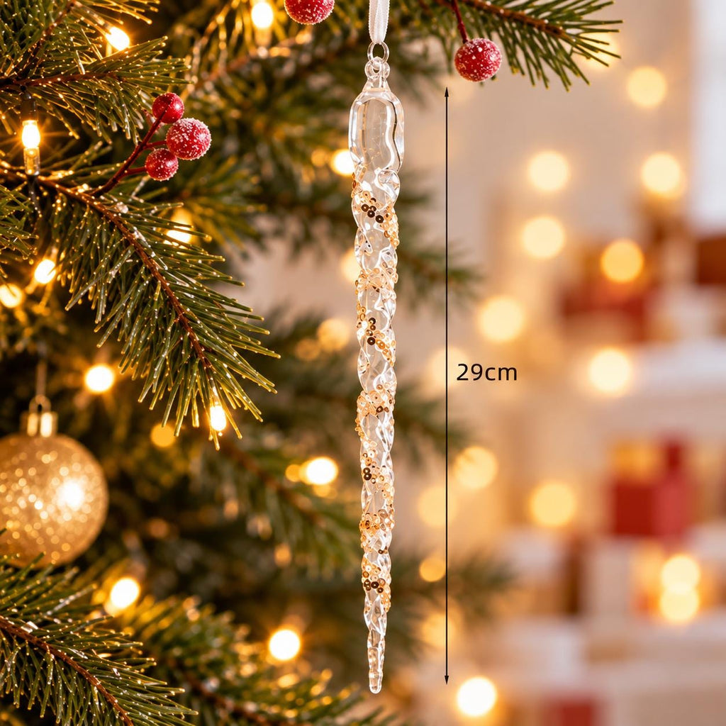 Crystal Look Christmas Ornaments, Acrylic Snowflakes, Icicles and Gold Hanging Decorations for Festive Trees
