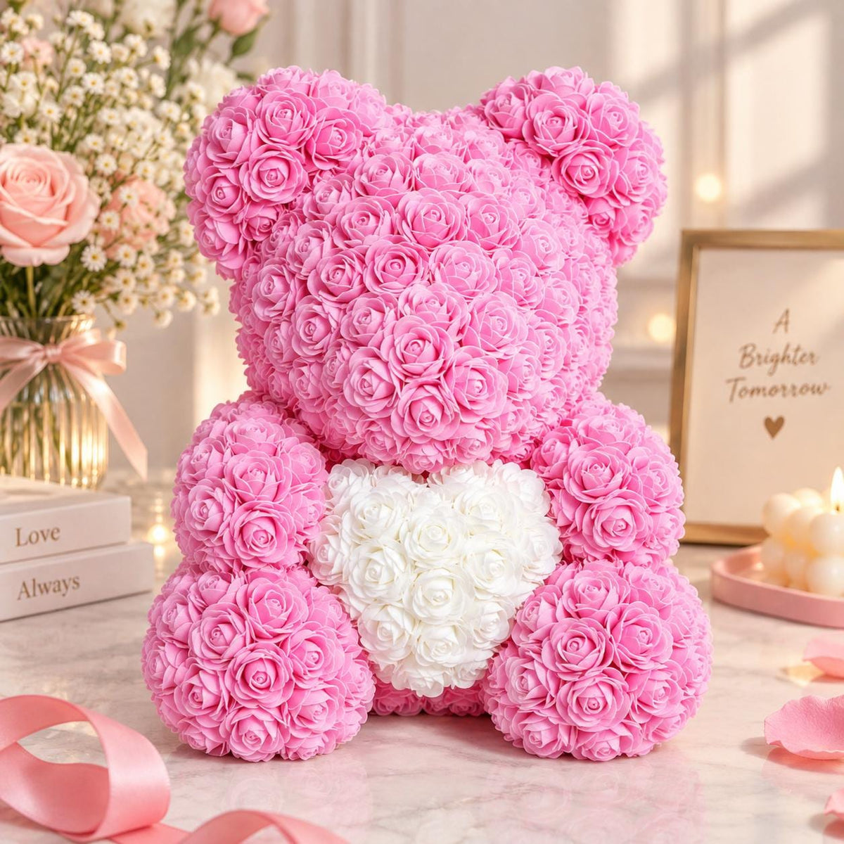 Hand-Crafted PE Foam Rose Dog / Bear Figurine, Artificial Flower Ornament (Gift Box)