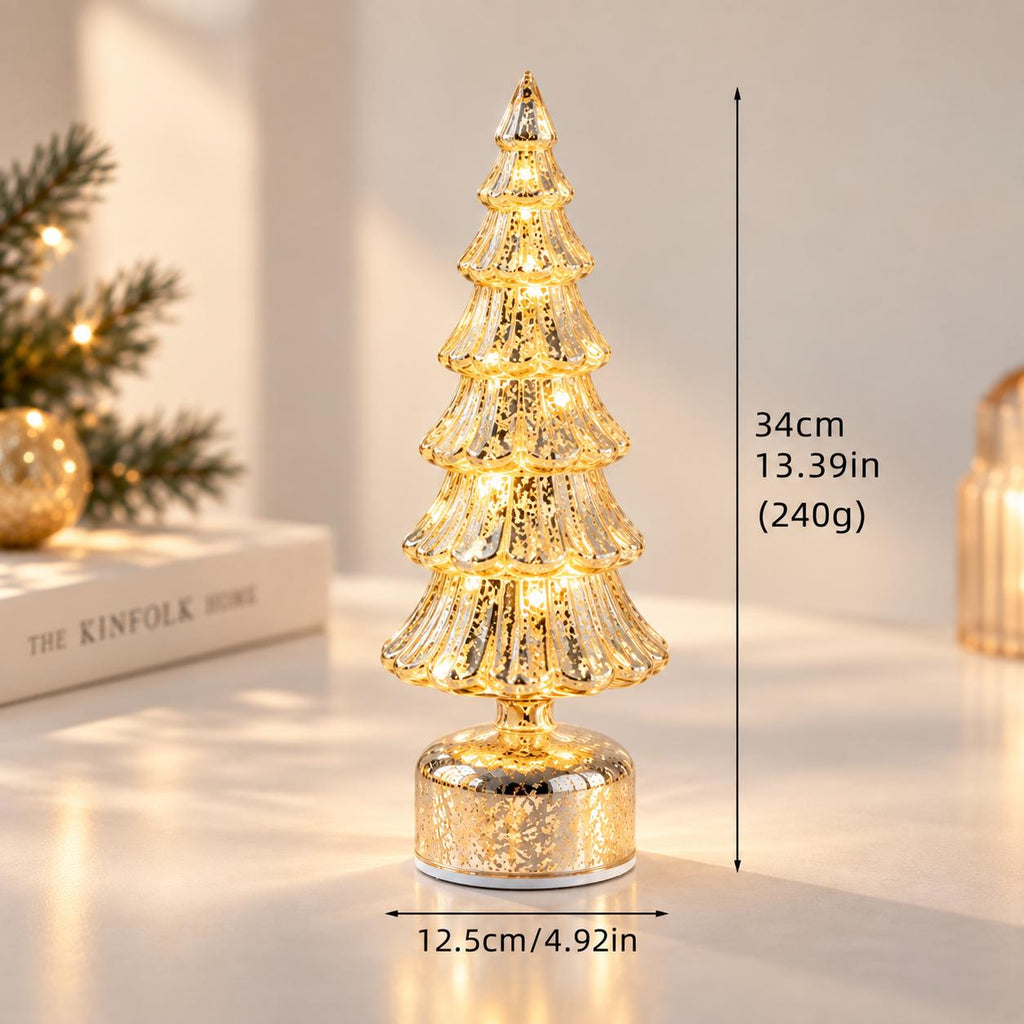 Light Up Glass Christmas Trees, LED Tabletop Christmas Decorations, Gold Red Green