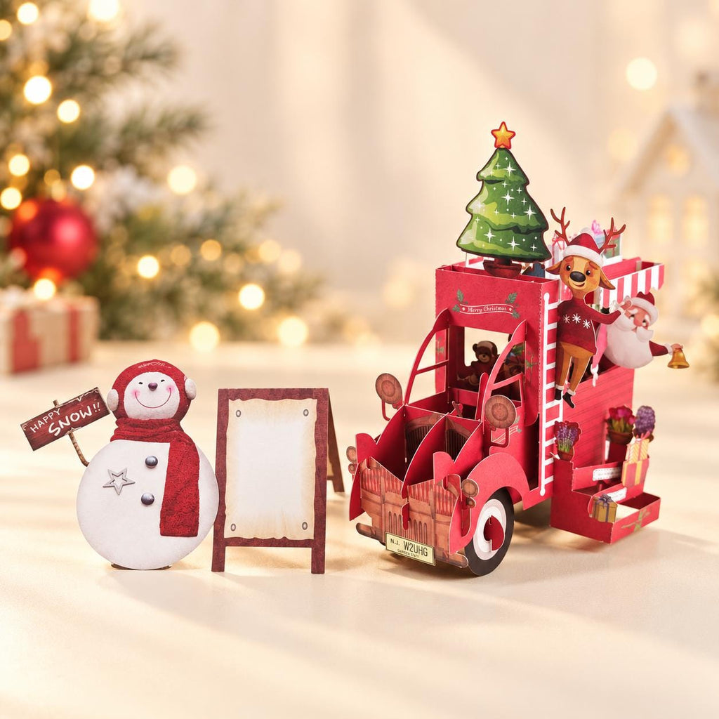 3D Christmas Truck Card with Santa, Reindeer, Snowman and Personal Message Board