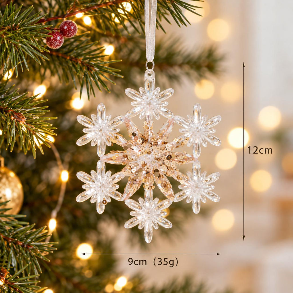 Crystal Look Christmas Ornaments, Acrylic Snowflakes, Icicles and Gold Hanging Decorations for Festive Trees