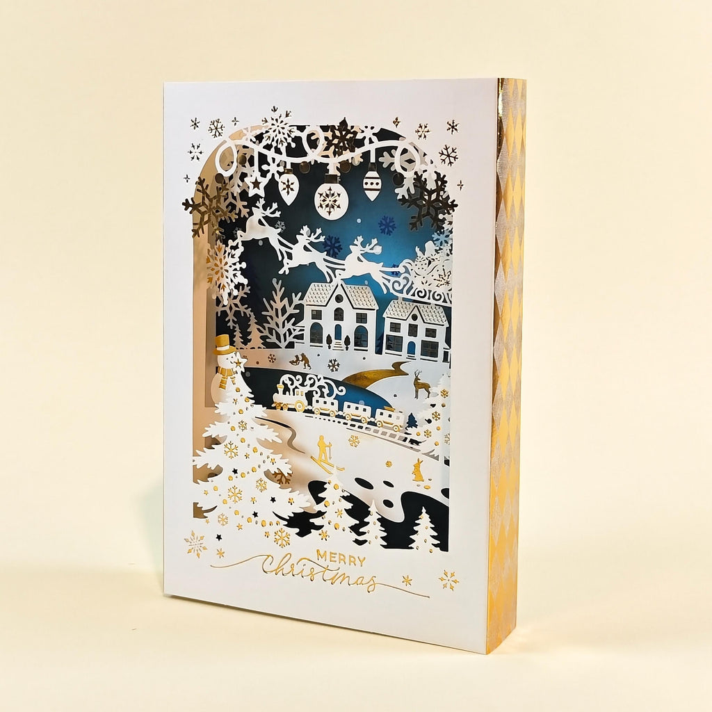 3D Christmas Card, Laser Cut Winter Wonderland, Snowy Village Keepsake with Message Insert