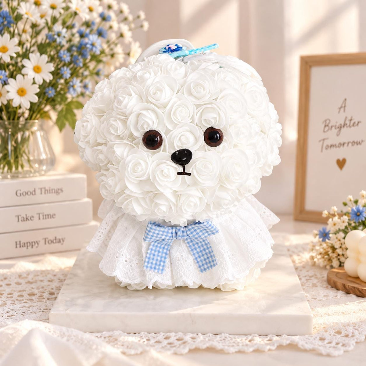 Hand-Crafted PE Foam Rose Dog / Bear Figurine, Artificial Flower Ornament (Gift Box)
