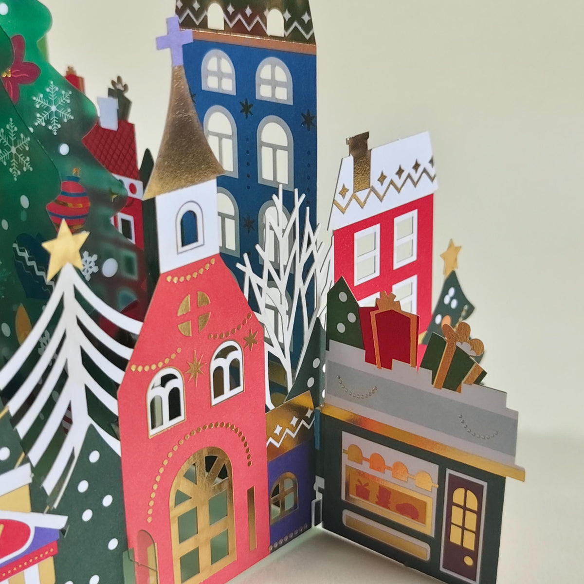 3D Christmas Village Pop Up Card with Festive Tree and Colourful Paper Houses