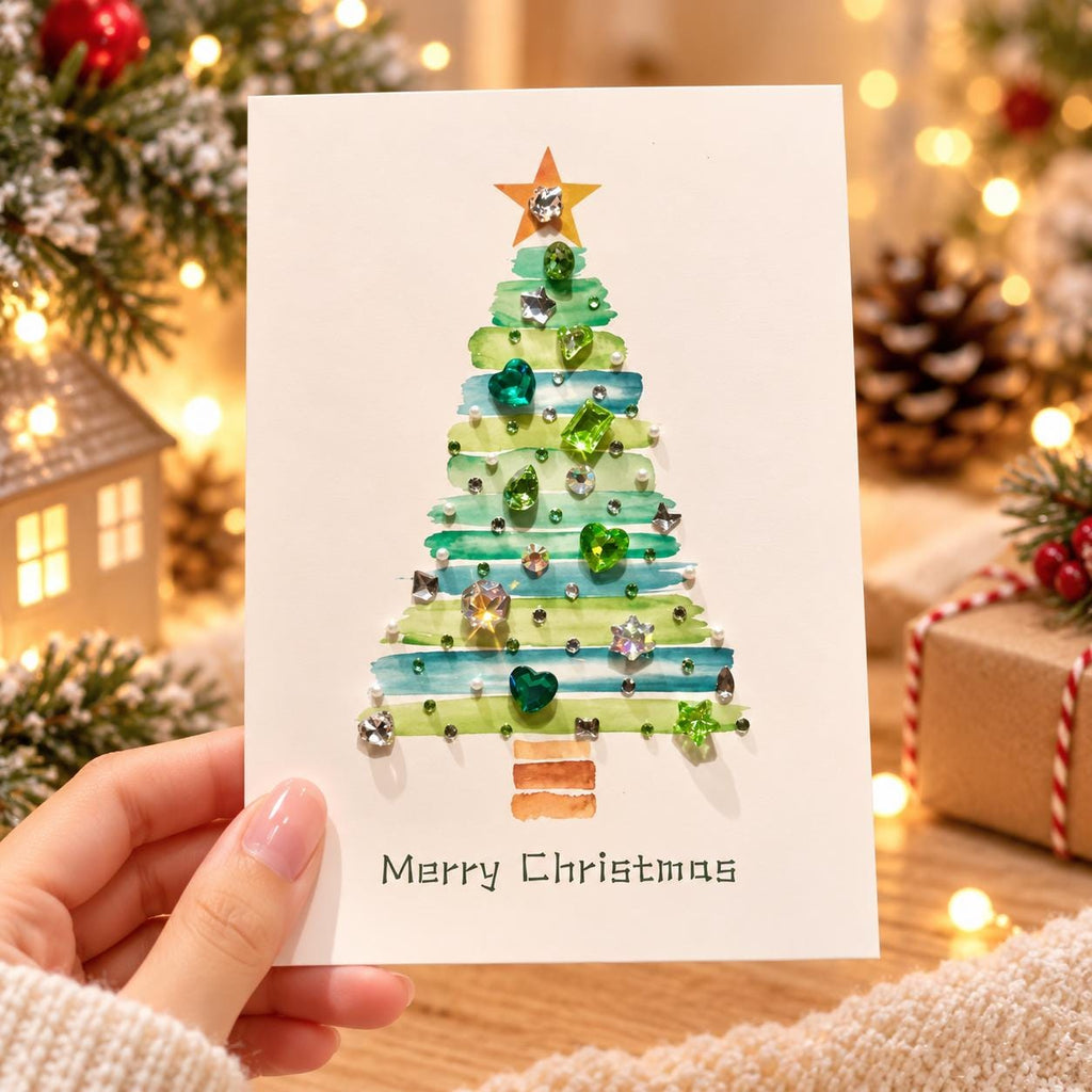 DIY Christmas Card Kit, Rhinestone Craft, Watercolour Tree, Handmade Festive Activity, Creative Gift Set