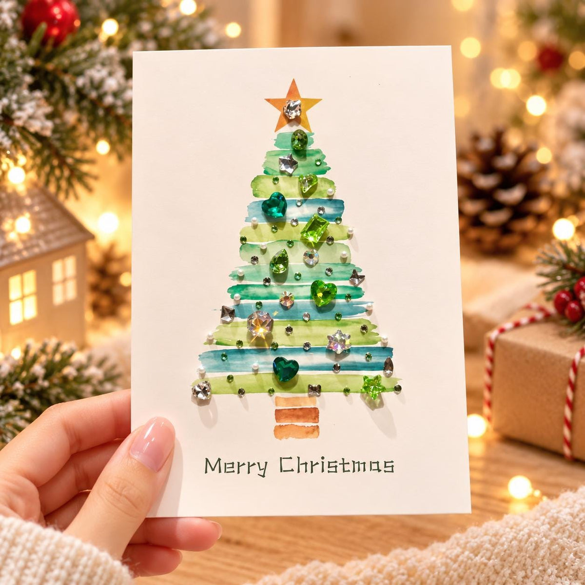 DIY Christmas Card Kit, Rhinestone Craft, Watercolour Tree, Handmade Festive Activity, Creative Gift Set