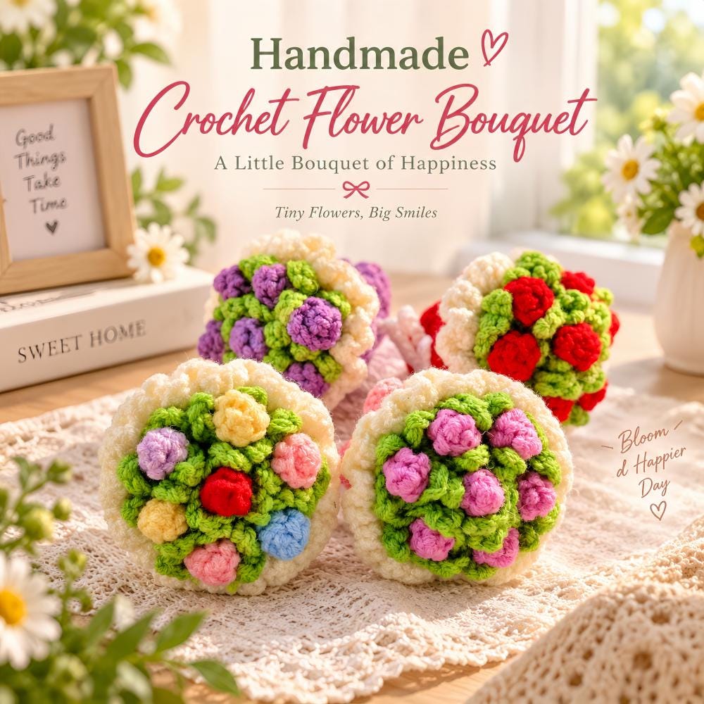 Hand Crocheted Mini Rose Bouquet Handmade Yarn Flower Tabletop Home Ornament Decor
