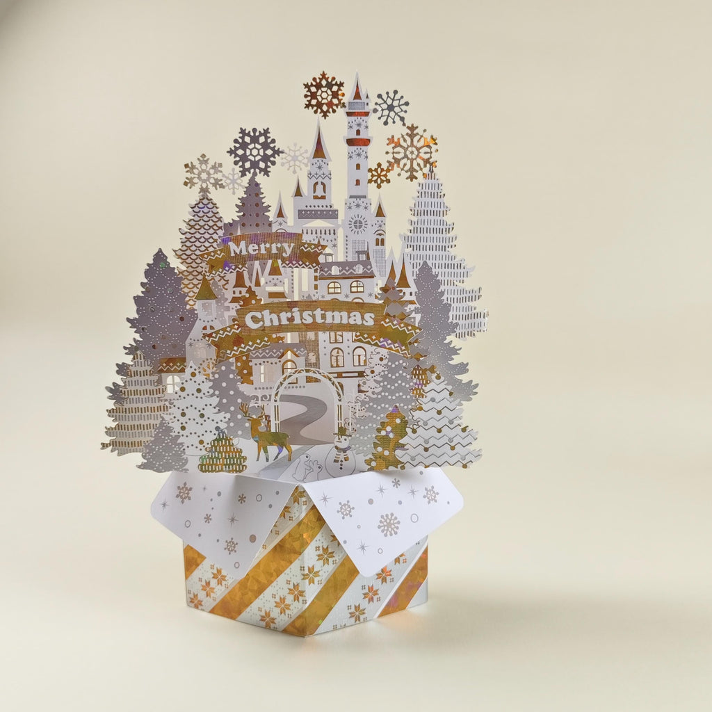 3D Christmas Castle Pop Up Card, Snowy Winter Wonderland Paper Sculpture