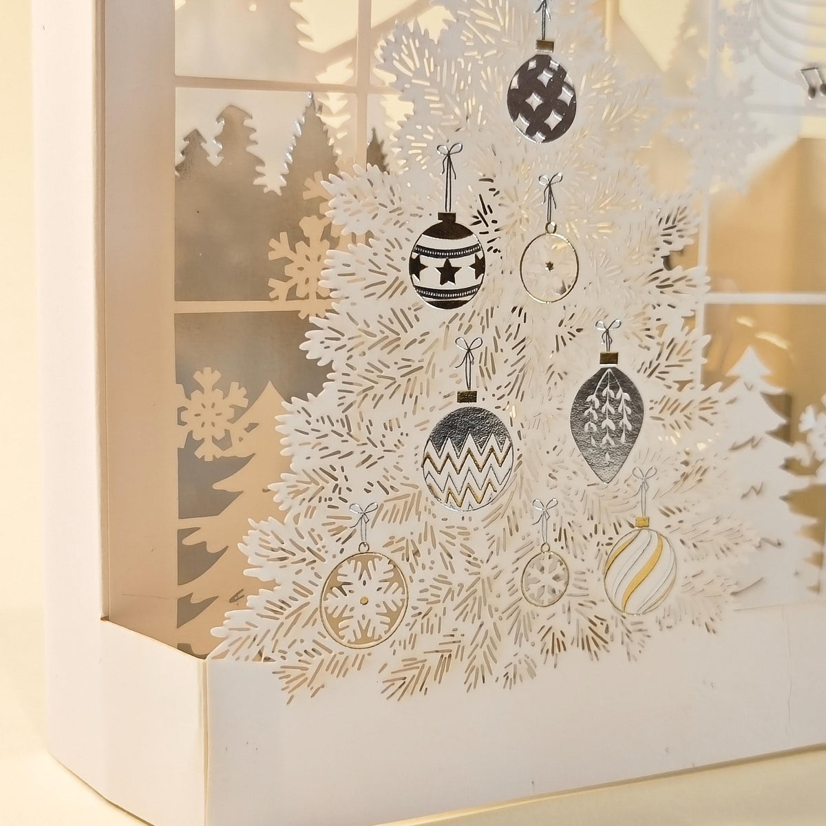 3D Christmas Card, Golden Winter Window: Layered Paper Tree with Separate Message Card