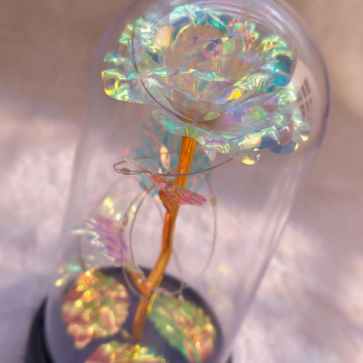 Acrylic Dome, LED Fairy Lights, Gold Metal Stem, Plastic Base, Battery Box