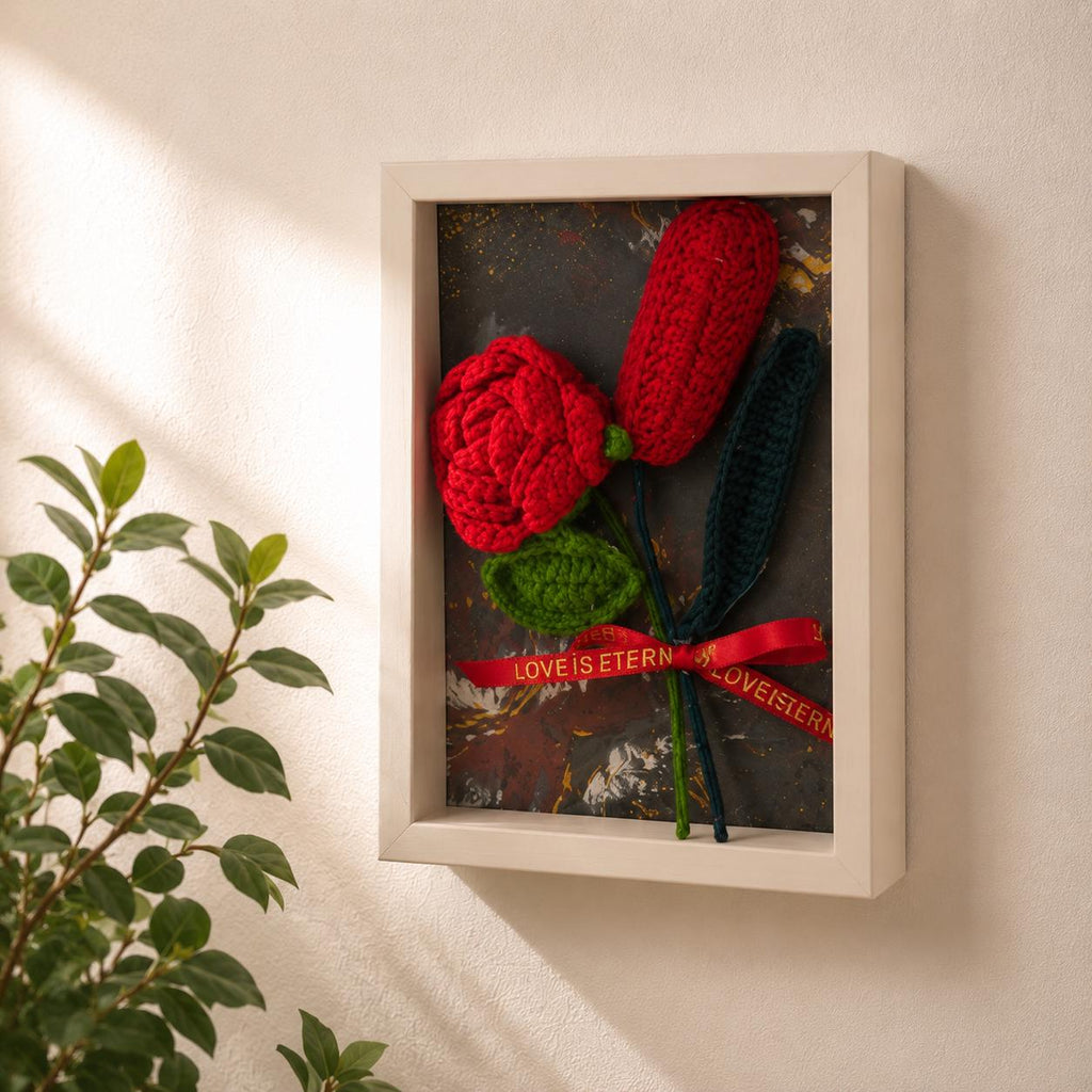 Handmade Crochet Rose Shadow Box Frame Romantic Floral Home Decor
