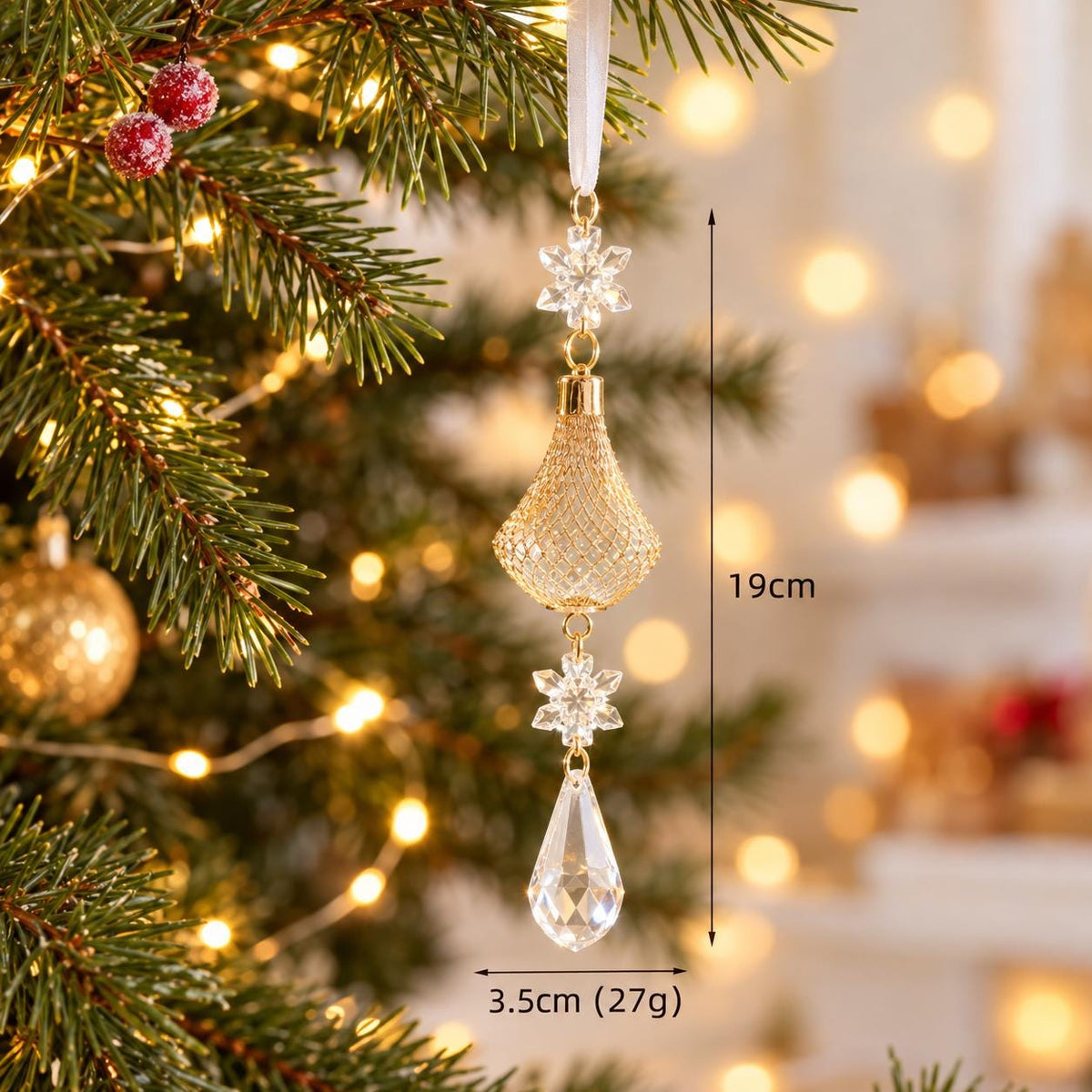 Crystal Look Christmas Ornaments, Acrylic Snowflakes, Icicles and Gold Hanging Decorations for Festive Trees