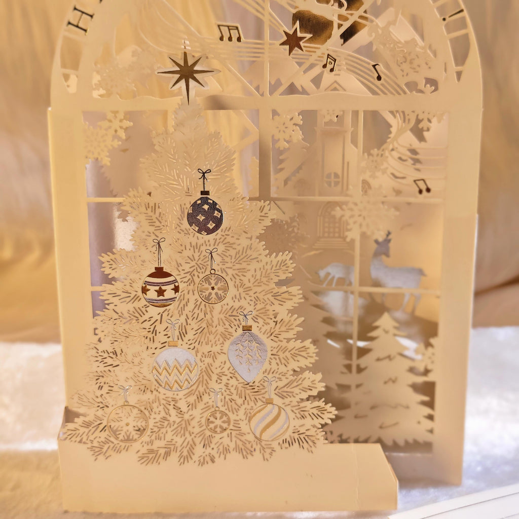 3D Christmas Pop Up Card, White Paper Cut Tree, Holiday Greeting (130mm x 190mm)