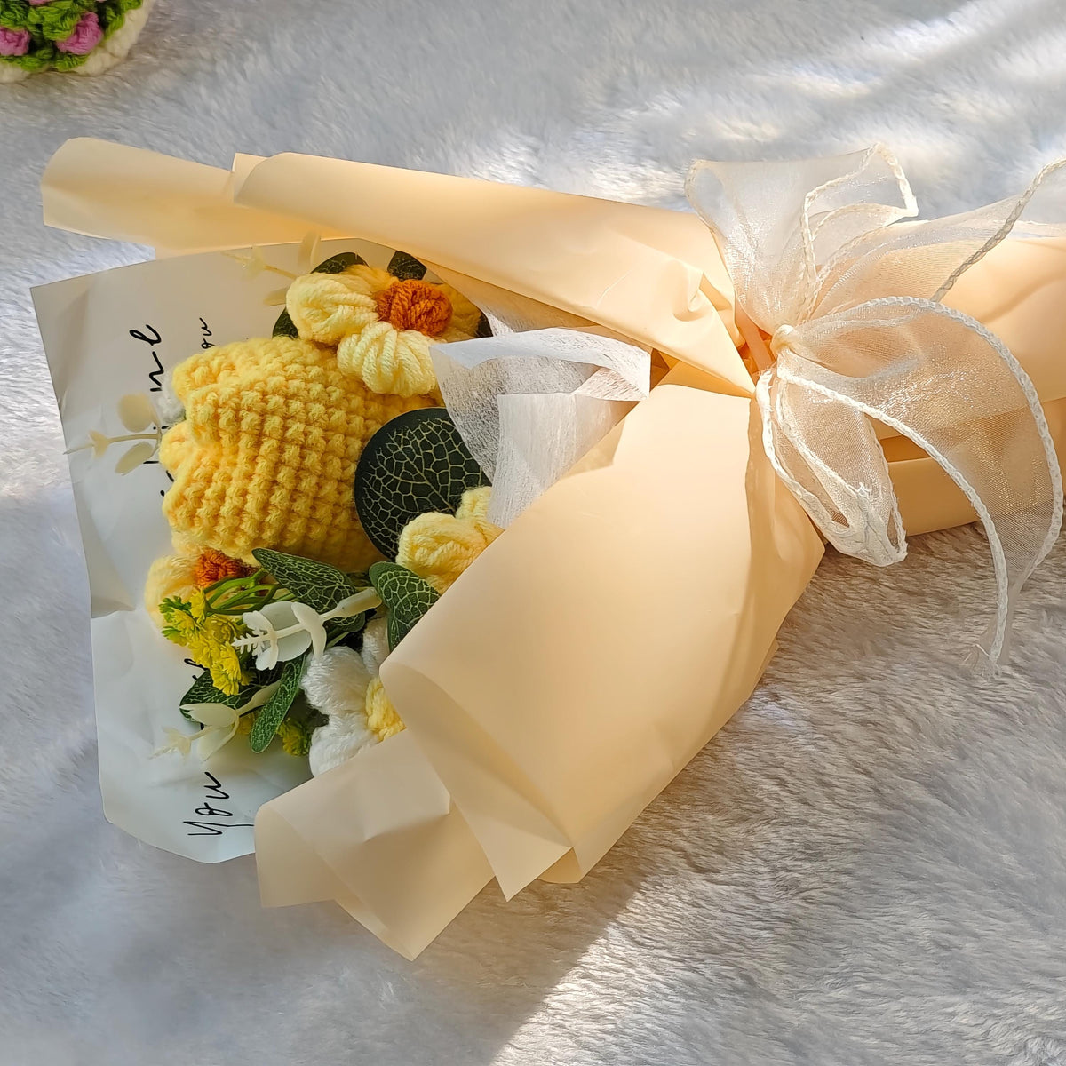 Crochet Tulip Bouquet, Yellow Knitted Forever Flower Arrangement, Handmade Yarn Flowers, Crochet Floral Decor