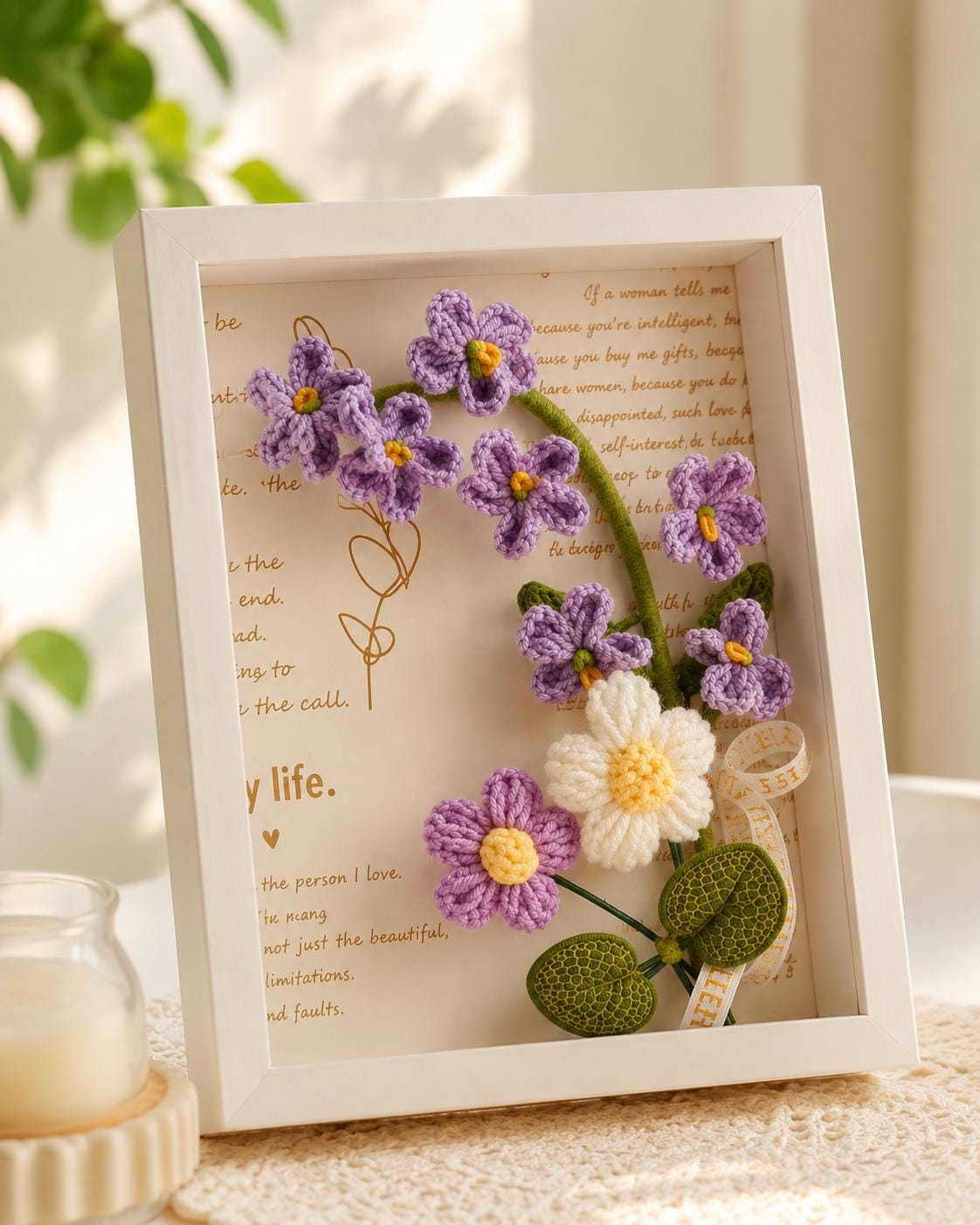 Handmade Crochet Forget Me Not Shadow Box Framed Floral Fiber Art Decoration