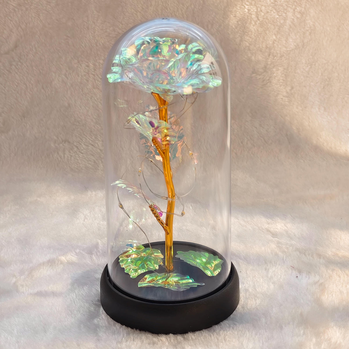 Acrylic Dome, LED Fairy Lights, Gold Metal Stem, Plastic Base, Battery Box