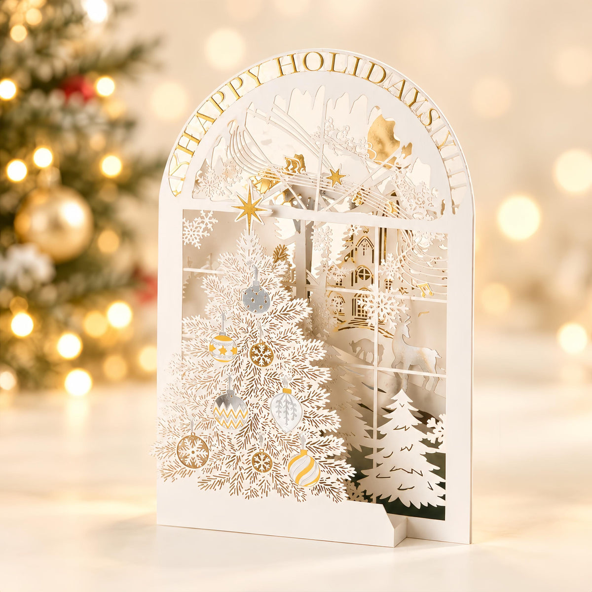 3D Christmas Card, Golden Winter Window: Layered Paper Tree with Separate Message Card