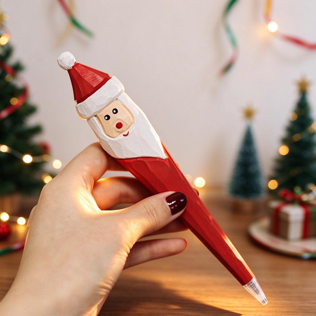 Hand Carved Wooden Christmas Pen Cute Santa Snowman Stationery Gift