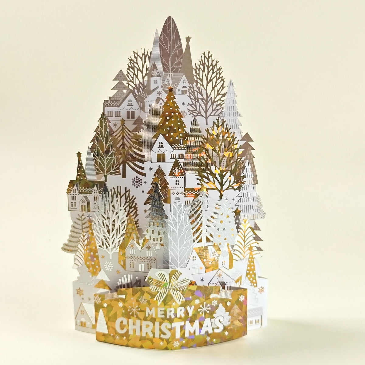 3D Christmas Village Pop Up Card, Gold Foil Winter Forest Scene, Festive Keepsake