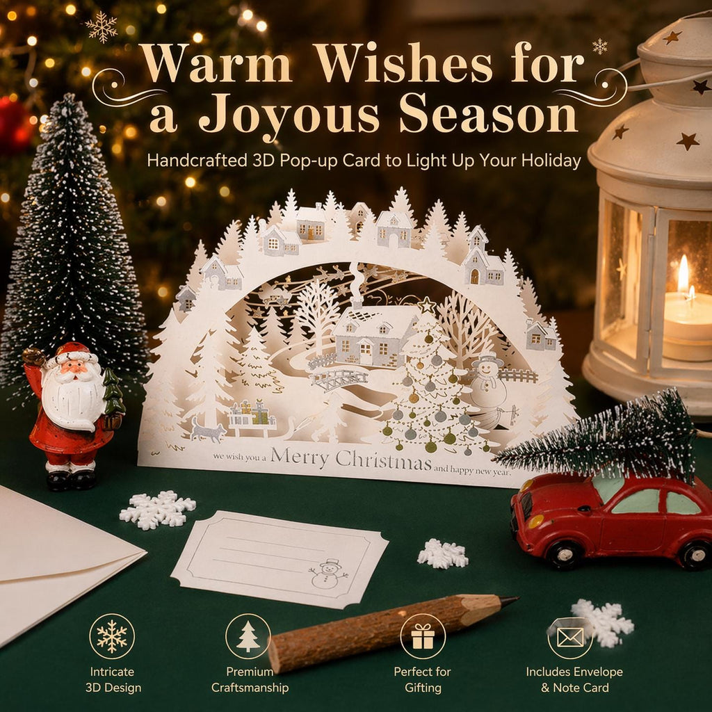 3D Christmas Village Pop Up Card, Winter Wonderland Paper Art Keepsake, Envelope & Message Card