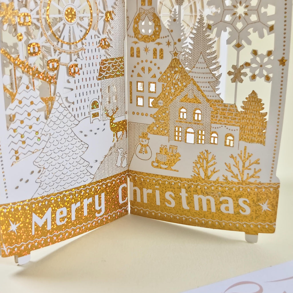 3D Christmas Village Pop Up Card, Gold Foil Snowflake Winter Wonderland Keepsake