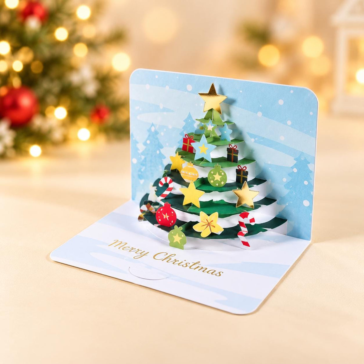 3D Pop Up Christmas Cards Set of 3, Festive Tree, Snowy Village and Presents