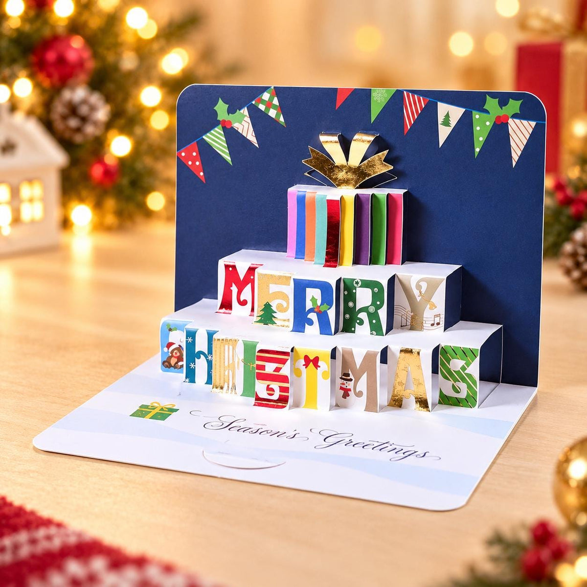 3D Pop Up Christmas Cards Set of 3, Festive Tree, Snowy Village and Presents