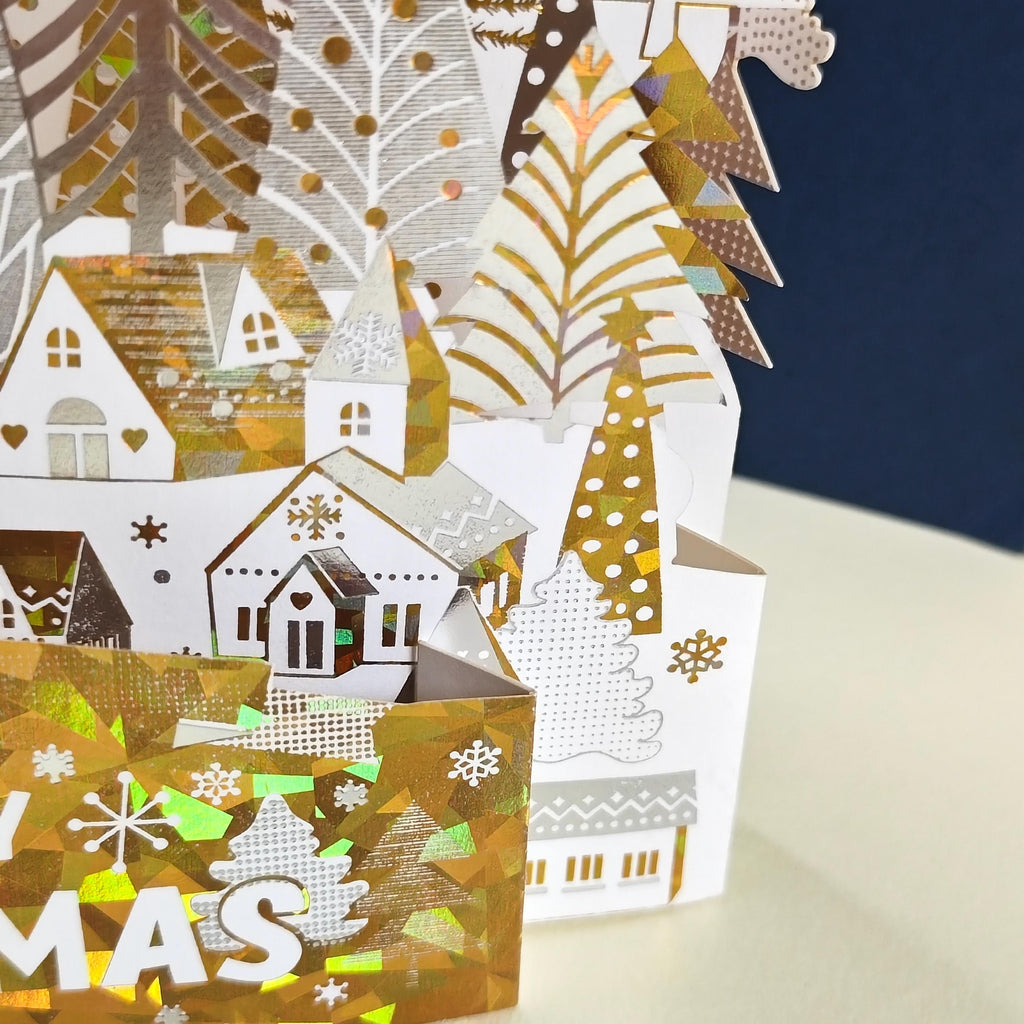 3D Christmas Village Pop Up Card, Gold Foil Winter Forest Scene, Festive Keepsake