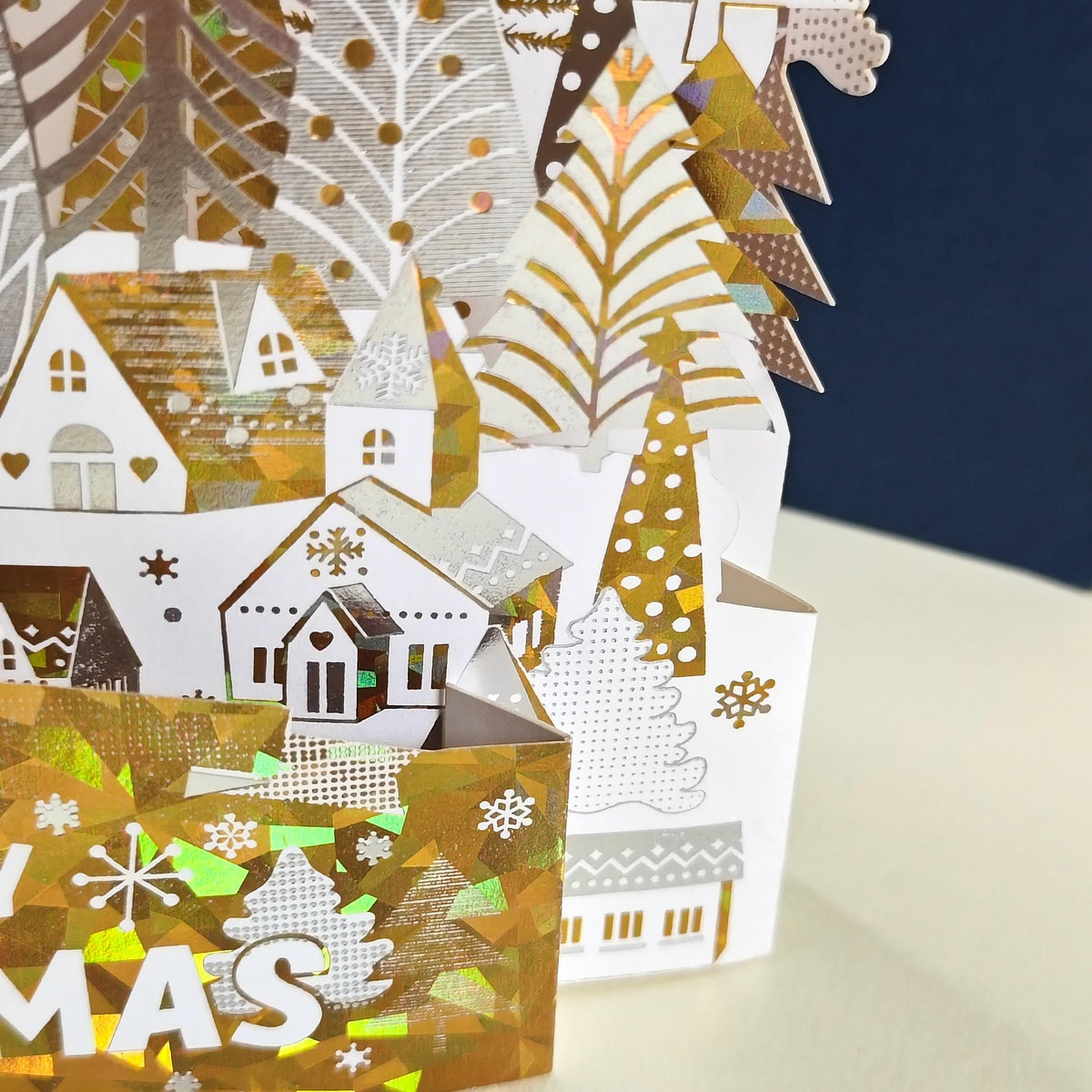 3D Christmas Village Pop Up Card, Gold Foil Winter Forest Scene, Festive Keepsake