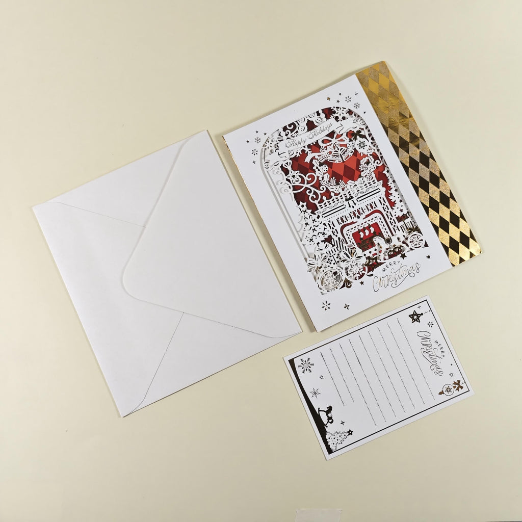3D Dimensional Layered Paper Art Christmas Card with Fireplace Scene and Removable Message Insert